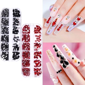 JERCLITY 1620pcs Flat Back Jet Black Nail Rhinestones Red Nail Rhinestones Round Beads Crystals Glass Gems Multi Shapes Sizes with Picking Pen for Crafts Nail Face Art Clothes Shoes Bags DIY