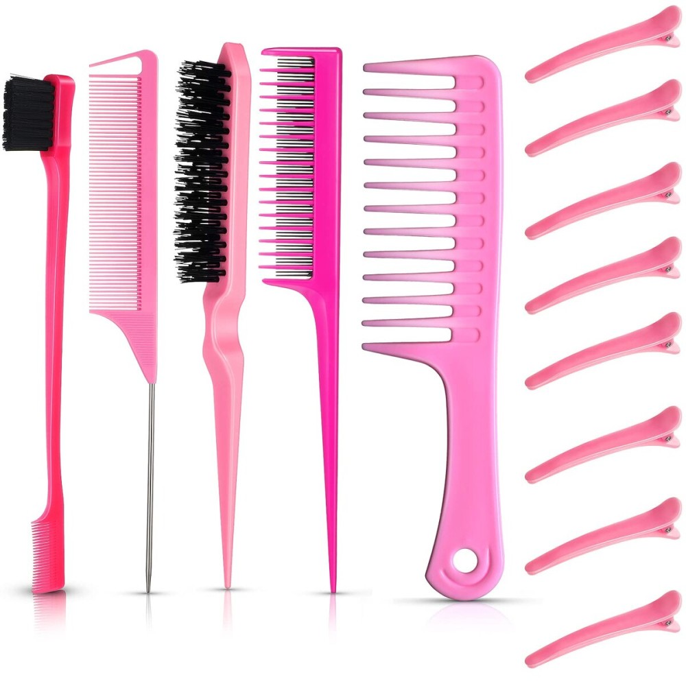 15-Piece Boar Bristle Brush Set with Fluffy Brush, Rat Tail Comb, Triple Teasing Comb, Dual Edge Brush, and 10 Duckbill Clips for Women (Pink and Black)