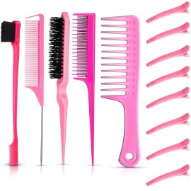 15-Piece Boar Bristle Brush Set with Fluffy Brush, Rat Tail Comb, Triple Teasing Comb, Dual Edge Brush, and 10 Duckbill Clips for Women (Pink and Black)