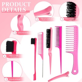 15-Piece Boar Bristle Brush Set with Fluffy Brush, Rat Tail Comb, Triple Teasing Comb, Dual Edge Brush, and 10 Duckbill Clips for Women (Pink and Black)