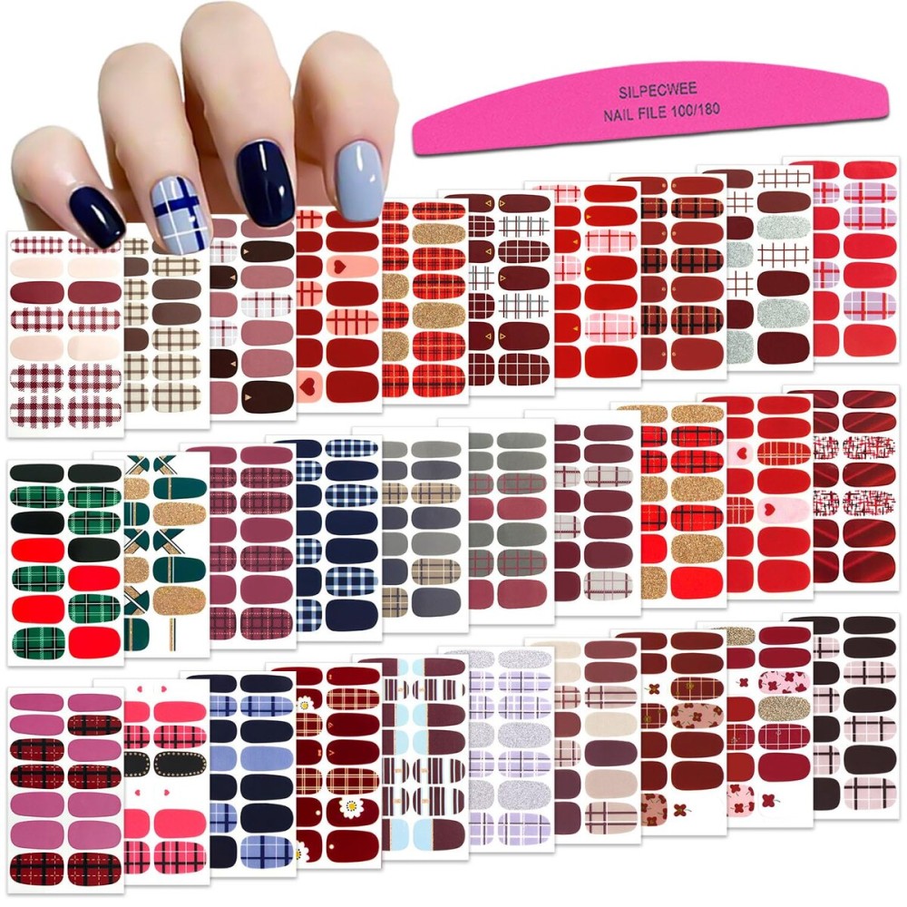 SILPECWEE 30 Sheets Plaid Nail Polish Strips Full Nail Wraps Self Adhesive Nail Polish Stickers for Women Nail Strips Real Nail Polish Nail Art Accessories with 1pc Nail File
