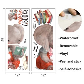 Mfault Inspirational Elephant Bunny Read More Books Wall Decals Stickers, Motivational Rabbit Animals Nursery Decorations Classroom Bedroom Art, Watercolor Neutral Toddler Kids Room Home Decor Gift