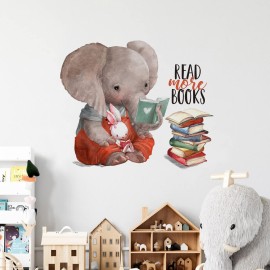 Mfault Inspirational Elephant Bunny Read More Books Wall Decals Stickers, Motivational Rabbit Animals Nursery Decorations Classroom Bedroom Art, Watercolor Neutral Toddler Kids Room Home Decor Gift