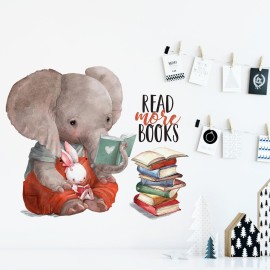 Mfault Inspirational Elephant Bunny Read More Books Wall Decals Stickers, Motivational Rabbit Animals Nursery Decorations Classroom Bedroom Art, Watercolor Neutral Toddler Kids Room Home Decor Gift
