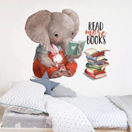 Mfault Inspirational Elephant Bunny Read More Books Wall Decals Stickers, Motivational Rabbit Animals Nursery Decorations Classroom Bedroom Art, Watercolor Neutral Toddler Kids Room Home Decor Gift