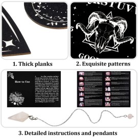 Threan Pendulum Dowsing Divination Board with Amethyst Set Wooden Spirit Talking Board Metaphysical Message Crystal Pendulum Necklace with Planchette for Wiccan Supply(Ram Skull Style)