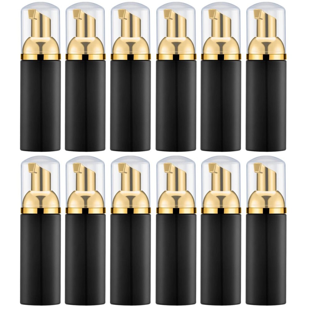 Lil Ray 2 Oz Empty Black Foam Pump Bottle, Foamer Soap Dispenser for Lash Shampoo, Hand Soap, Foaming Cleaner(Gold Pump, 12 PCS)
