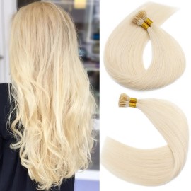 S-noilite Pre bonded I Tip Hair Extensions Human Hair Cold Fusion Stick Tip Real Human Hair Piece Invisible Keratin Glue Hair Extensions Full Head 100 Strands 50g 16 Inch (60 Platinum Blonde)