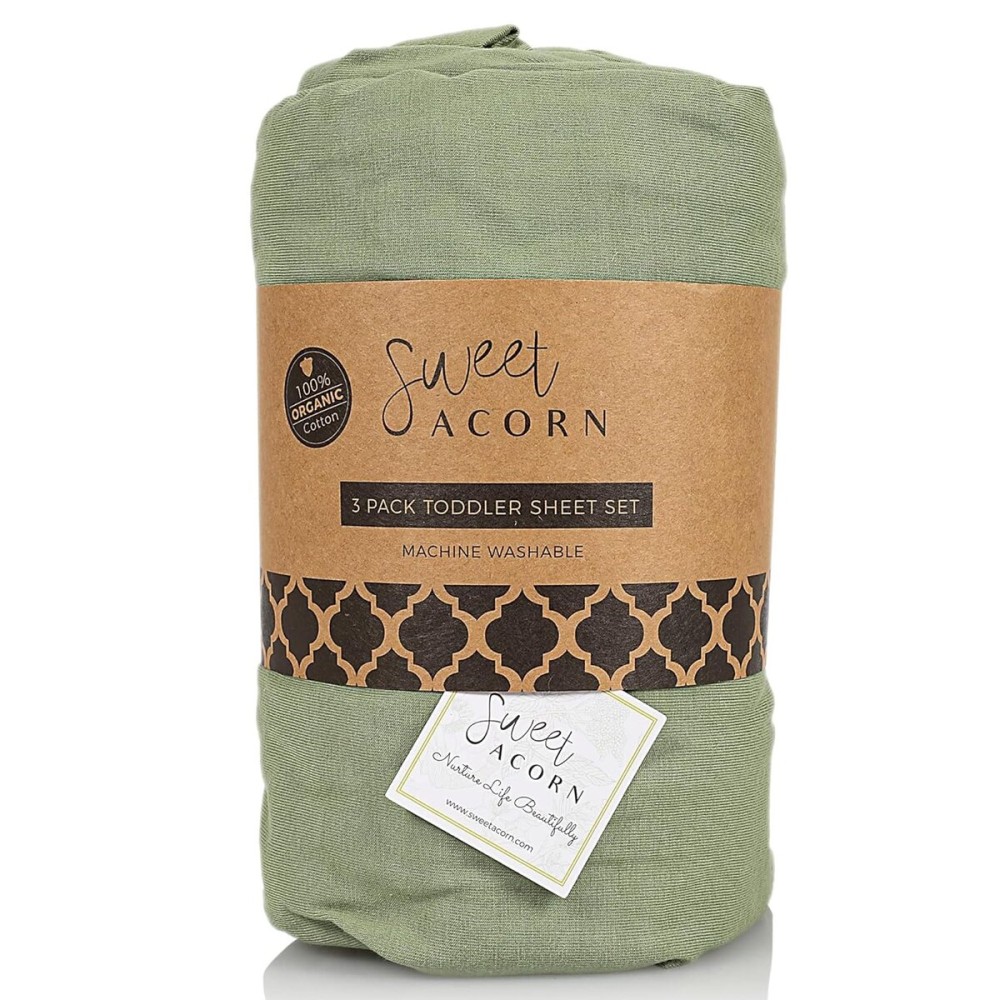 Sweet Acorn 3 Piece Toddler Bedding Sets - Organic Cotton Jersey Knit - Fits Convertible Cribs and Mattresses - 9 x 28 x 52 - Juniper Green
