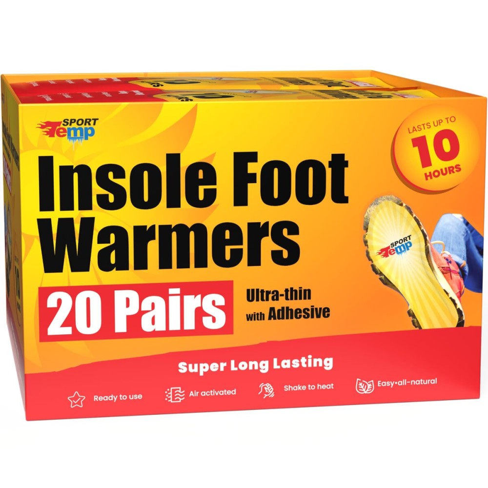Insole Foot Warmers (20 Pairs) - Up to 10 Hours of Heat, Easily Apply with Adhesive - Ultra Thin, Easy, All Natural - Air Activated, Odorless Hot Insole Warmers - Sport Temp
