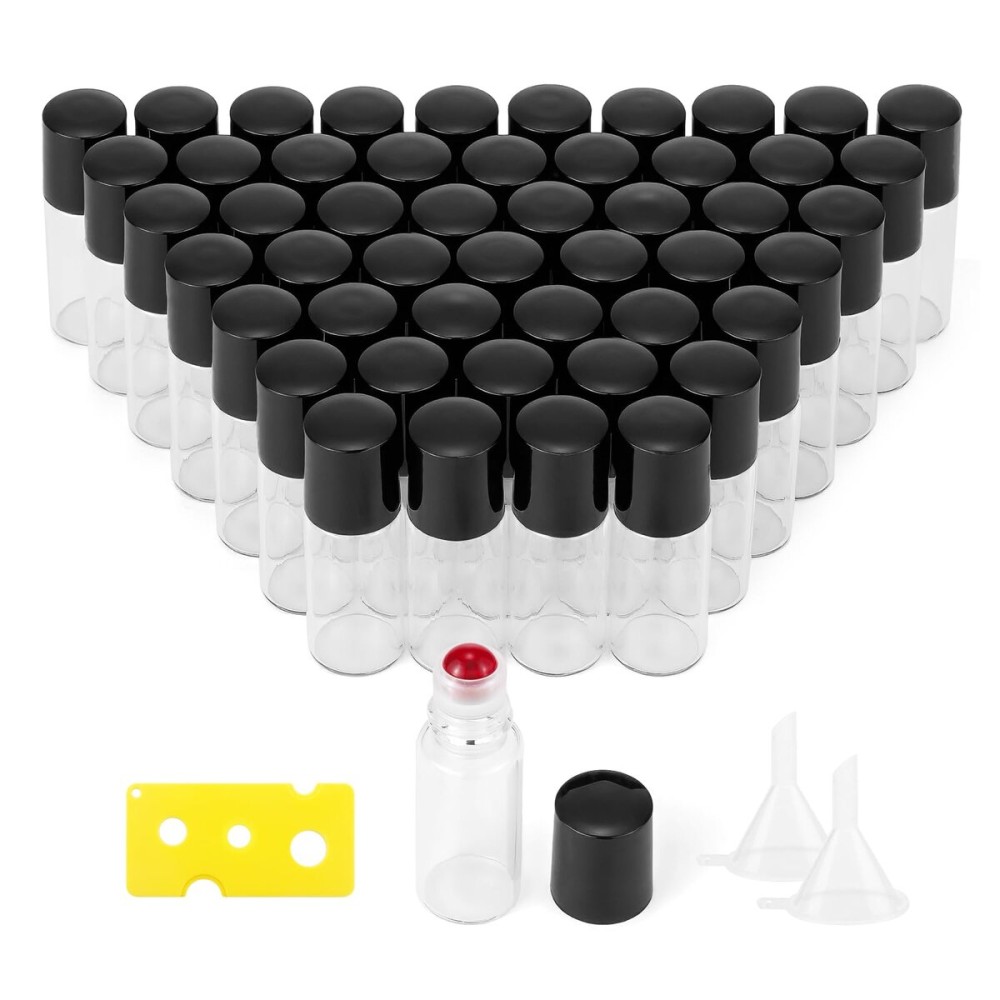 JIUWU 50Pcs 3ml Clear Essential Oil Roller Bottles, Refillable Roll On Rollerball Bottles for Perfume & Oil Samples, with 1 Opener & 2 Funnels