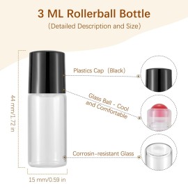 JIUWU 50Pcs 3ml Clear Essential Oil Roller Bottles, Refillable Roll On Rollerball Bottles for Perfume & Oil Samples, with 1 Opener & 2 Funnels