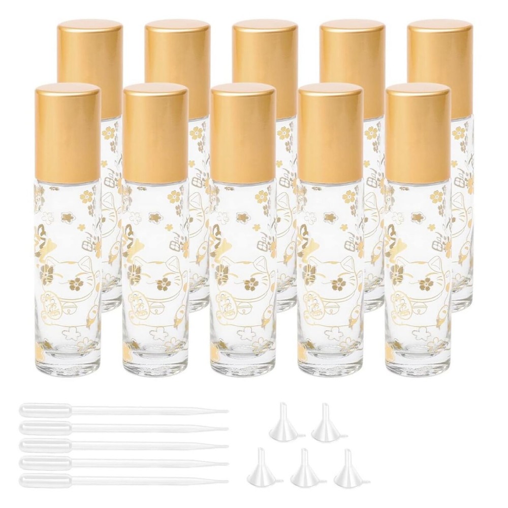 JIUWU 10Pcs 1/3Oz Glass Roller Bottles 10ml Lucky Cat Glass Roll on Bottles with Stainless Steel Rollerball Funnel Pipette & Tool, Rollon Vials for Essential Oil Perfume, Matte Gold Cap