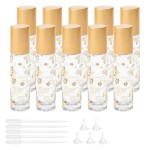 JIUWU 10Pcs 1/3Oz Glass Roller Bottles 10ml Lucky Cat Glass Roll on Bottles with Stainless Steel Rollerball Funnel Pipette & Tool, Rollon Vials for Essential Oil Perfume, Matte Gold Cap