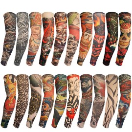 ChurlChurl 20 Pieces Tattoo Sleeves for Men and Women, Temporary Tattoo Arm Sunscreen Sleeves for Men Teens Kids Slip on Tattoo Arm Sleeves Kit