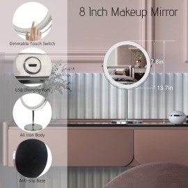 8 Lighted Makeup Mirror with Magnification, 1X/10X Magnifying Mirror with Light, Double Sided 360 Cordless Rechargeable, 3 Colors Brightness Adjustable Makeup Mirror with Lights with 52 LED(Silver)
