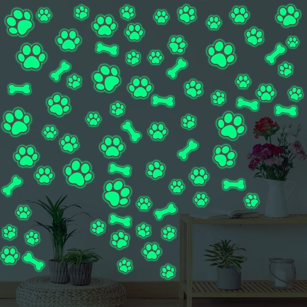 127 Glow in The Dark Dog Paw Stickers Luminous Removable Vinyl Wall Decals for Kids Nursery Bedroom(Green Light)
