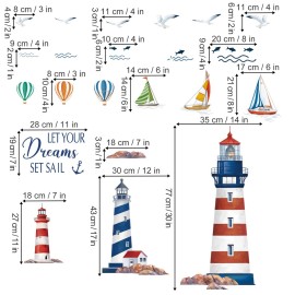 wondever Nautical Lighthouse Wall Stickers Sailboat Seagull Peel and Stick Wall Art Decals for Kids Bedroom Baby Nursery Living Room