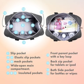 Dikaslon Diaper Bag Tote, Large Travel diaper tote for Mom and Dad, Multifunction baby tote bag for Boys and Girls with Pacifier Case and Changing Pad, Grey