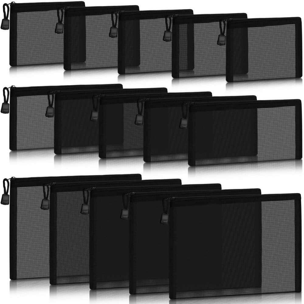 Outus 15 Pieces Mesh Bags Mesh Zipper Pouch Makeup Bags Cosmetic Travel Organizer Pouch Pencil Case(9.84x7.09, 7.87x3.94, 5x3.94 Inches,Black)