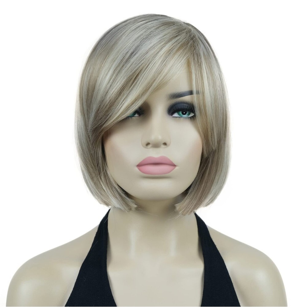 Lydell 8 Straight Short Wigs Bob Hair with Bangs Cute Central Dot Top Heat Resistant Synthetic Wigs (H16/613 Brown with Highlights) Lydell 8 Straight Short Wigs Bob Hair with Bangs Cute Central Dot Top Heat Resistant Synthetic Wigs (H16/613 Brown with Highlights)