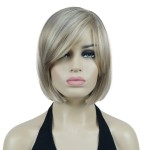 Lydell 8 Straight Short Wigs Bob Hair with Bangs Cute Central Dot Top Heat Resistant Synthetic Wigs (H16/613 Brown with Highlights)