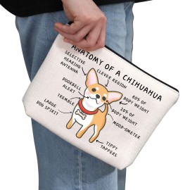 G2TUP Chihuahua Lover Gift Anatomy Of A Chihuahua Makeup Bag Chihuahua Mom Cosmetics Bag Chihuahua Owner Gift Dog Pet Lover Gift Zipper Travel Pouch (Anatomy Of A Chihuahua White Bag)