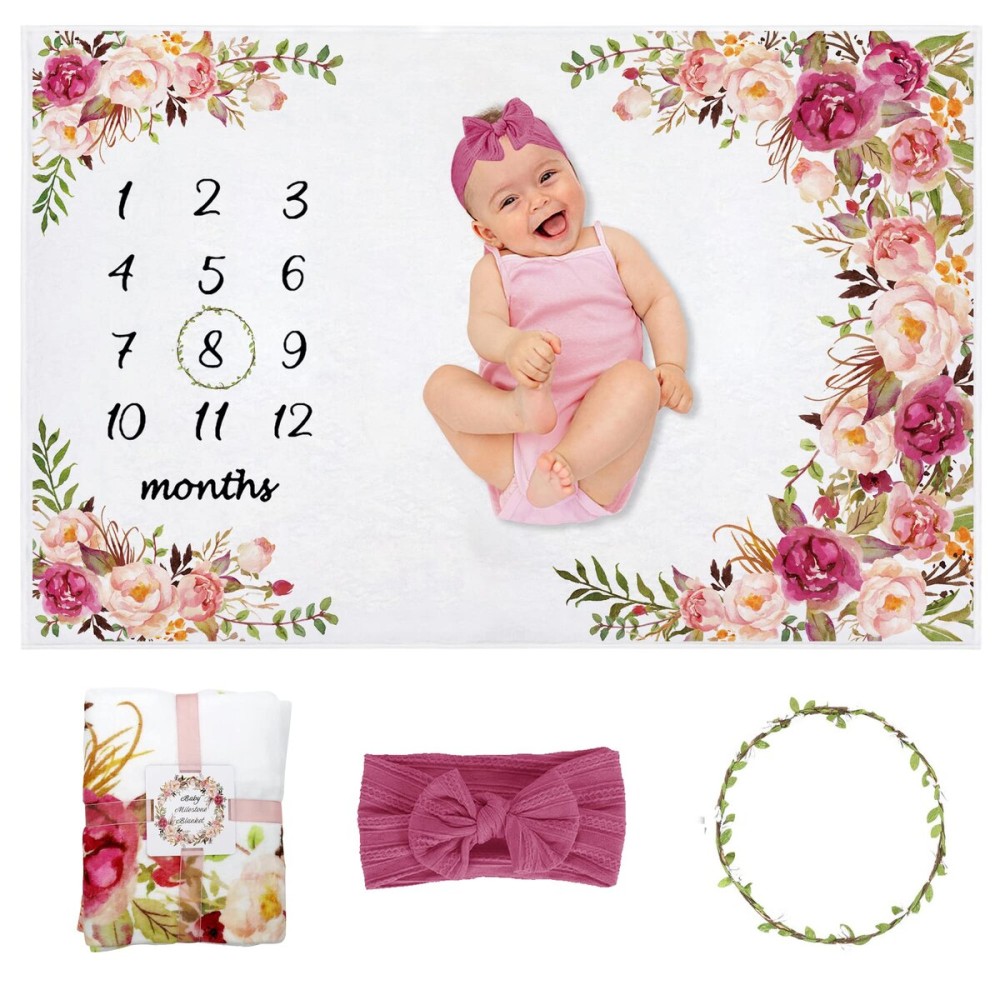 Yokakio Baby Monthly Milestone Blanket Girl, Milestone Blanket for Baby Girl, Track Growth and Age, Newborn Shower Gifts for Mom, Includes Floral Wreath & Pink Bow Headband, 60 X 40