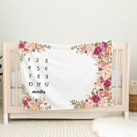 Yokakio Baby Monthly Milestone Blanket Girl, Milestone Blanket for Baby Girl, Track Growth and Age, Newborn Shower Gifts for Mom, Includes Floral Wreath & Pink Bow Headband, 60 X 40