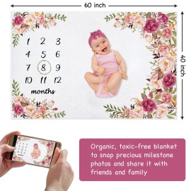 Yokakio Baby Monthly Milestone Blanket Girl, Milestone Blanket for Baby Girl, Track Growth and Age, Newborn Shower Gifts for Mom, Includes Floral Wreath & Pink Bow Headband, 60 X 40