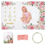 Yokakio Baby Monthly Milestone Blanket Girl, Milestone Blanket for Baby Girl, Track Growth and Age, Newborn Shower Gifts for Mom, Includes Floral Wreath & Pink Bow Headband, 60 X 40