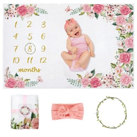 Yokakio Baby Monthly Milestone Blanket Girl, Milestone Blanket for Baby Girl, Track Growth and Age, Newborn Shower Gifts for Mom, Includes Floral Wreath & Pink Bow Headband, 60 X 40