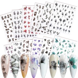 WOKOTO 12 Sheets Gradient Design Flower Nail Stickers for Nail Art Stickers Decals Tips 3D Nail Self-Adhesives Decals for Women Nails Art Design Dry Flowers for Nails Decals 3D Flowers for Nails