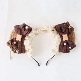 GK-O Lolita Bear Ear Headband Bowknot Hair Kawaii Lolita Prop Headwear Cute Hairpin Female Headdress Hair Accessories Handmade (Brown)