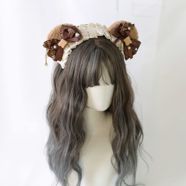 GK-O Lolita Bear Ear Headband Bowknot Hair Kawaii Lolita Prop Headwear Cute Hairpin Female Headdress Hair Accessories Handmade (Brown)