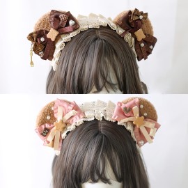 GK-O Lolita Bear Ear Headband Bowknot Hair Kawaii Lolita Prop Headwear Cute Hairpin Female Headdress Hair Accessories Handmade (Brown)