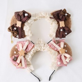 GK-O Lolita Bear Ear Headband Bowknot Hair Kawaii Lolita Prop Headwear Cute Hairpin Female Headdress Hair Accessories Handmade (Brown)