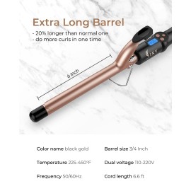 3/4 Inch Extra Long Barrel Curling Iron, Ceramic Tourmaline Curling Wand Professional Dual Voltage