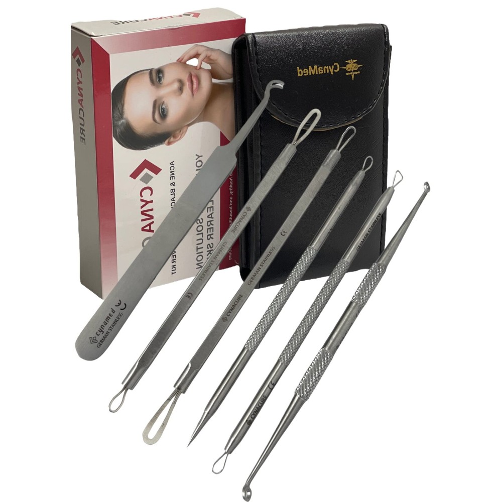 German Stainless Professional Set of 6- Blackhead Remover Comedones Extractor Acne Removal Kit for Blemish,Whitehead Popping, Zit Removing for Nose Face Tools-Blackhead Removal w/Zipper Leather case