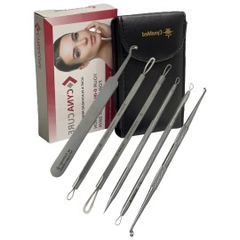 German Stainless Professional Set of 6- Blackhead Remover Comedones Extractor Acne Removal Kit for Blemish,Whitehead Popping, Zit Removing for Nose Face Tools-Blackhead Removal w/Zipper Leather case