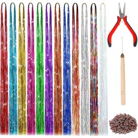 FEBSNOW 47 Inches Rainbow Tinsel Hair Extension with Tool 2400 Strands 12 Mixed Colors Hair Extension Tinsel Kit Glitter Rainbow Hair Extensions for Gay Pride Month Activities Accessories