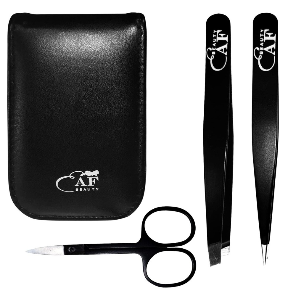 EAF Beauty eyebrow tweezer set, best grooming hair remover, heavy duty craft tweezers, sharp tweezers, and brow tweezers. fine point tweezers, with travel case (black)