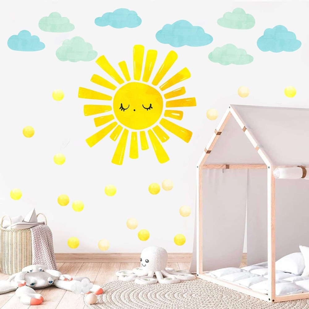 Watercolor Sun Cloud Wall Decals Large Sun and Clouds Wall Stickers Yellow Polka Dots Decal Peel and Stick Big Sun Wall Stickers for Kids Room Baby Nursery Bedroom Playroom Decor