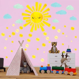 Watercolor Sun Cloud Wall Decals Large Sun and Clouds Wall Stickers Yellow Polka Dots Decal Peel and Stick Big Sun Wall Stickers for Kids Room Baby Nursery Bedroom Playroom Decor
