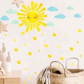 Watercolor Sun Cloud Wall Decals Large Sun and Clouds Wall Stickers Yellow Polka Dots Decal Peel and Stick Big Sun Wall Stickers for Kids Room Baby Nursery Bedroom Playroom Decor