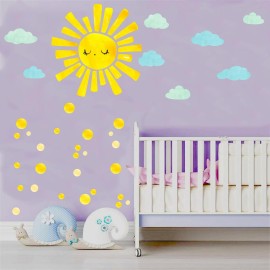 Watercolor Sun Cloud Wall Decals Large Sun and Clouds Wall Stickers Yellow Polka Dots Decal Peel and Stick Big Sun Wall Stickers for Kids Room Baby Nursery Bedroom Playroom Decor