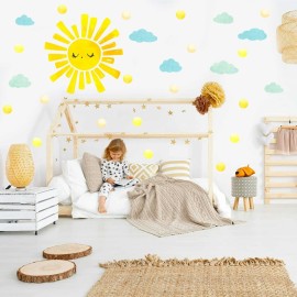 Watercolor Sun Cloud Wall Decals Large Sun and Clouds Wall Stickers Yellow Polka Dots Decal Peel and Stick Big Sun Wall Stickers for Kids Room Baby Nursery Bedroom Playroom Decor
