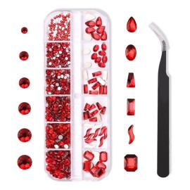 Red Rhinestones Flatback Gemstone Crystal Nail Round Glass Gems, Multi Shapes Stones Kit with Tweezers Wax Pencils for Nails Crafts Face Makeup Clothes Bags (SS4-SS16 Set)