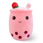 Ditucu Cute Boba Tea Plush Stuffed Bubble Tea Plushie Cartoon Soft Strawberry Pillow Home Hugging Gift for Kids Pink 13.7 inch