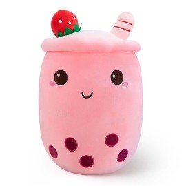 Ditucu Cute Boba Tea Plush Stuffed Bubble Tea Plushie Cartoon Soft Strawberry Pillow Home Hugging Gift for Kids Pink 13.7 inch
